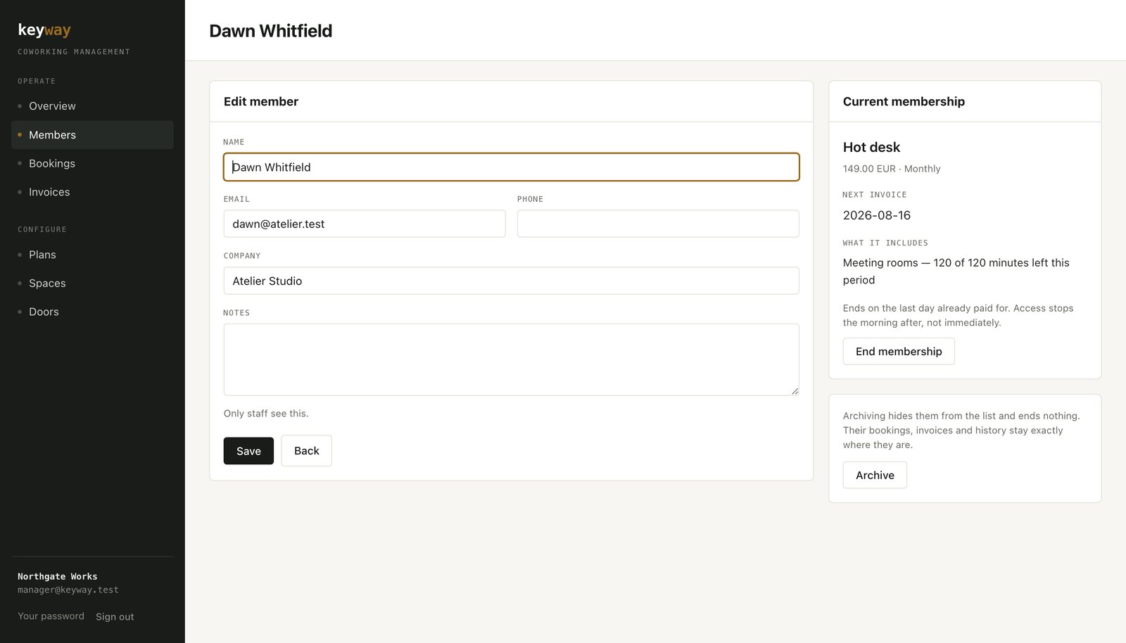 A member page in Keyway showing their details beside their current membership, next invoice date and remaining included minutes