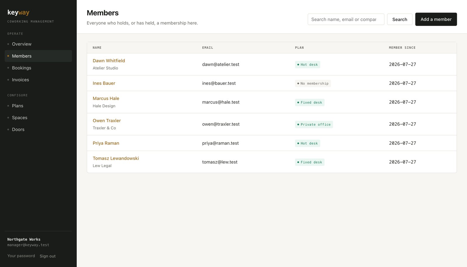 The Keyway member list: names, companies, email, the plan each person is on, and a search box